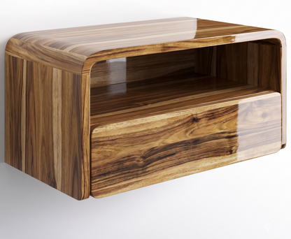 A modern floating wall cabinet with a glossy wood grain finish, featuring a top surface, two open shelves, and a front drawer, shown against a light gray background.
