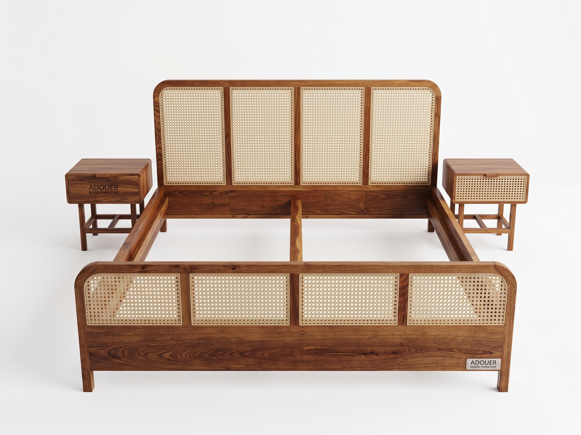 A mid-century modern wooden bed frame with woven cane panels on the headboard and footboard, shown with two matching wooden nightstands on a white background. The brand name 'ADOUER' is visible on the nightstands and the bottom right corner of the bed frame.