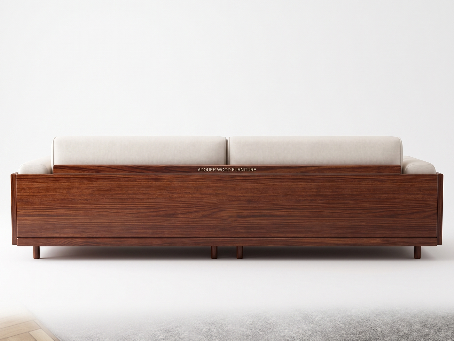 A mid-century modern wooden sofa bed with cream-colored cushions and a rich walnut wood frame, shown from the back against a clean white background.