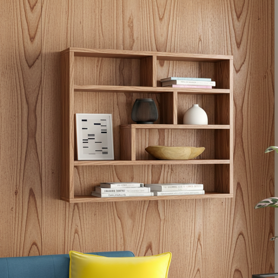 Modern Geometric Multi-Tier Solid Wood Floating Bookshelf