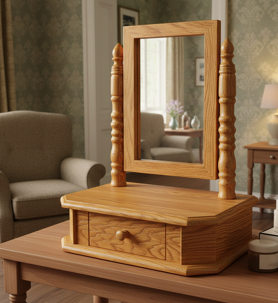 Solid Wood Antique Wood Vanity Mirror with Storage Drawer