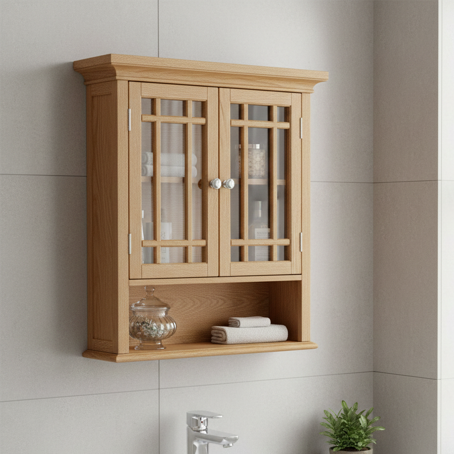ADOUER WOOD Wall Mounted Kitchen / Bathroom Cabinet - Modern Storage Cupboard with Slat Doors
