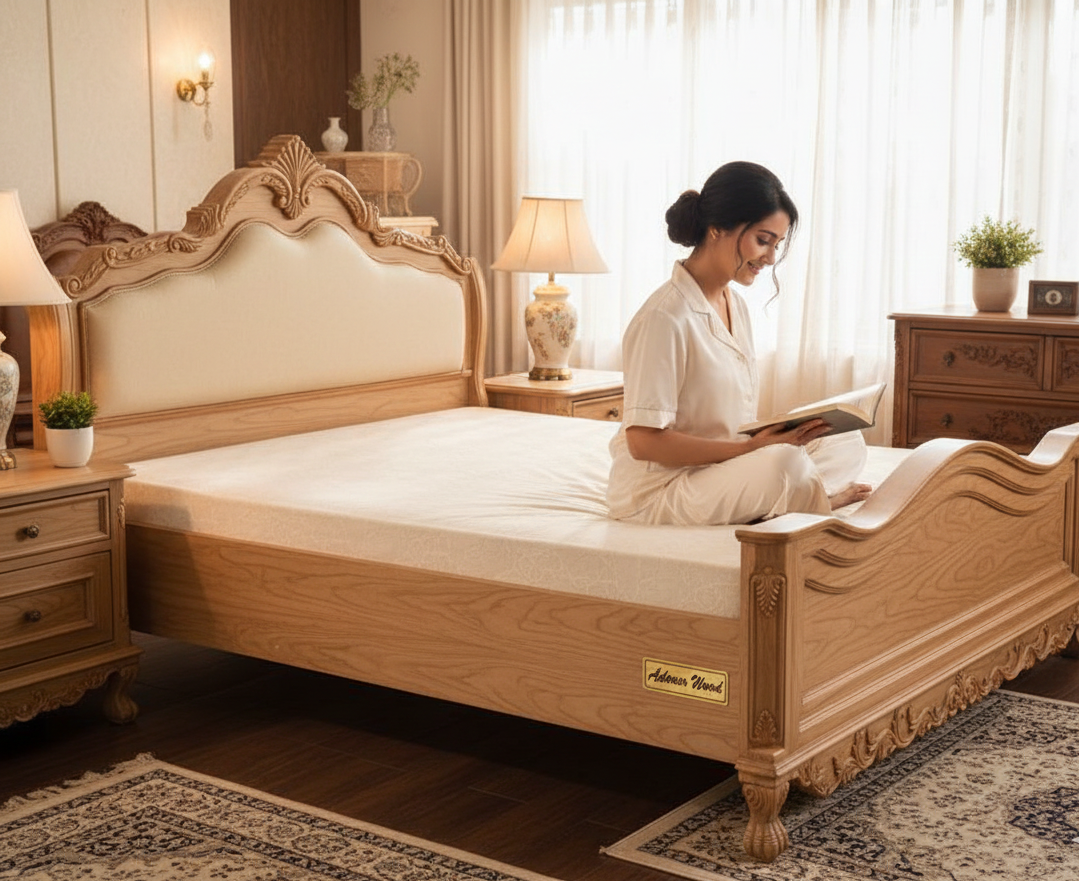 ADOUER WOOD Victorian Heritage Luxury Carved Bed with Premium Leatherette Cushioned Backrest