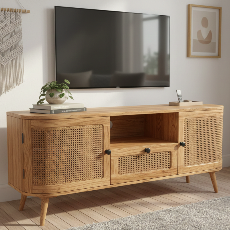 ADOUER WOOD Mid-Century Modern TV Unit – Curved Entertainment Center with Natural Cane Mesh Doors & Solid Wood Legs