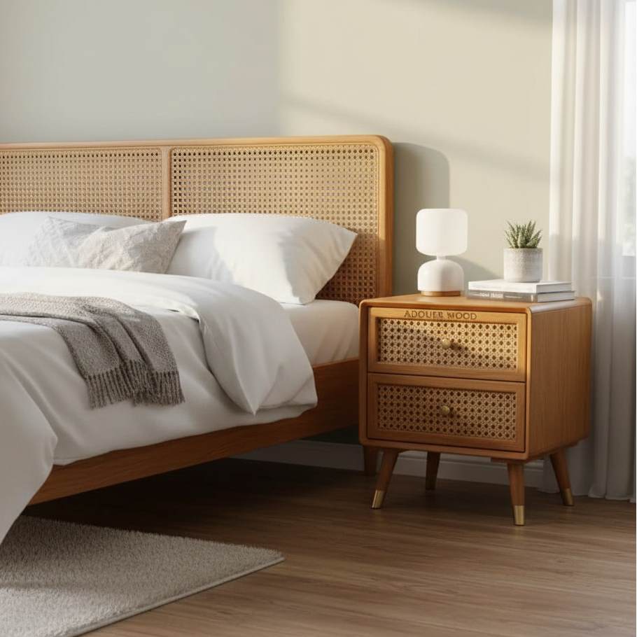 Solid Wood Bedside Table with 2 Rattan Drawers Mid Century Night Stand for Living Room, Bedroom
