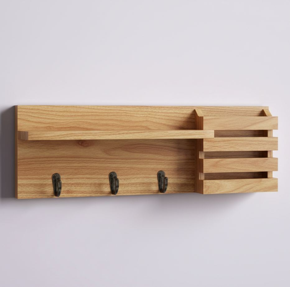 Wall-Mounted Key Holder Entryway Organizer – Floating Shelf with 3 Antique Key Hooks & Integrated Mail Sorter