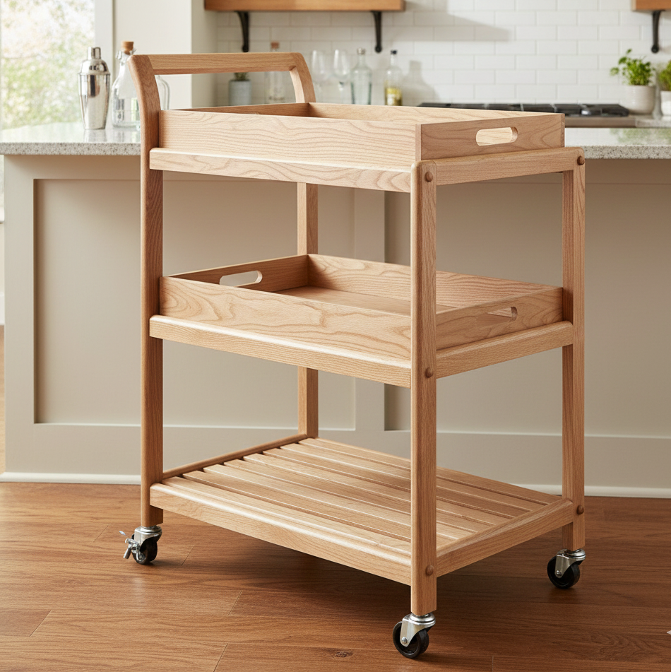 ADOUER WOOD 3-Tier Solid Wood Kitchen Bar Cart – Mobile Serving Trolley with Removable Trays and Locking Casters – Elegant Home Coffee & Wine Station