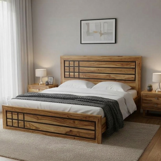 Wooden bed with white bedding in a bedroom setting