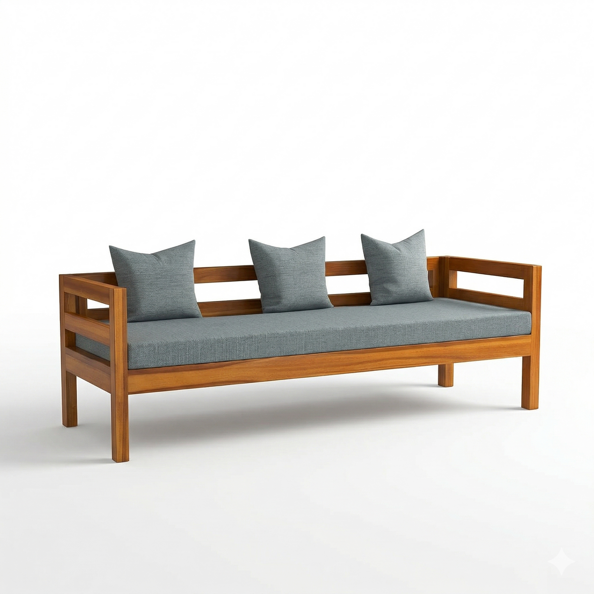 Wooden bench with gray cushions on a white background