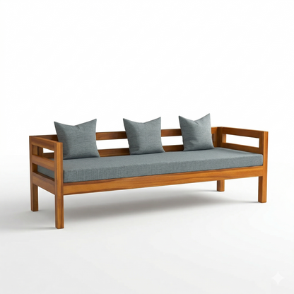 Wooden bench with gray cushions on a white background