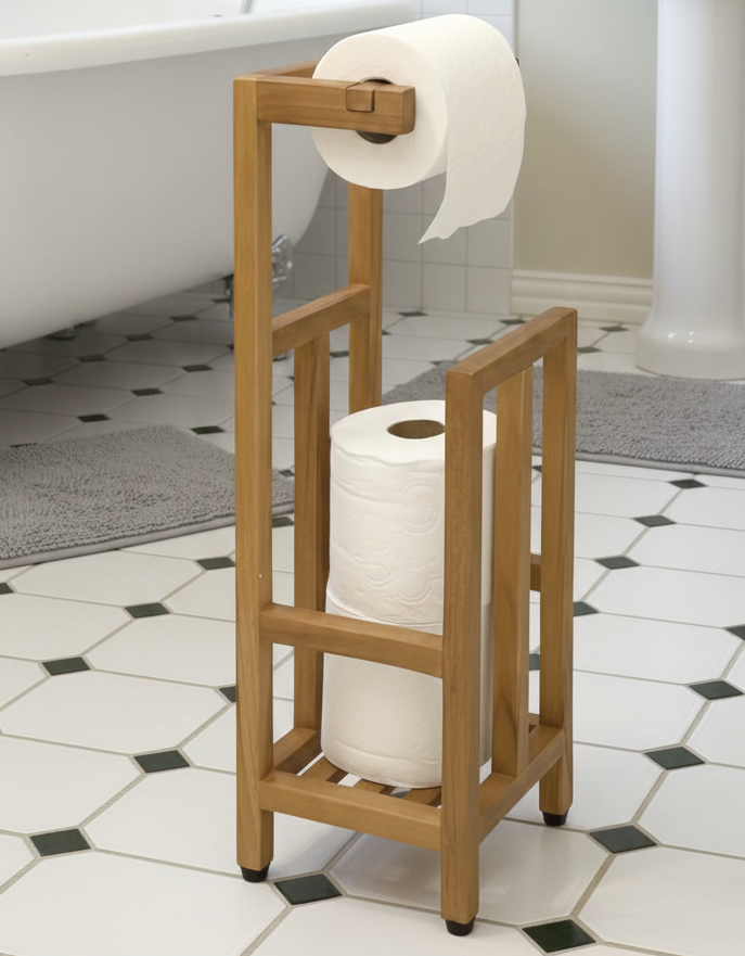 Solid Wood Free-Standing Toilet Paper Holder with Open Storage