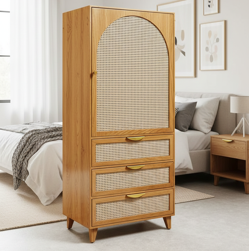 ADOUER WOOD  Solid Wood Sage Arched Wardrobe – Mid-Century Modern Armoire with Rattan Cane Inlay