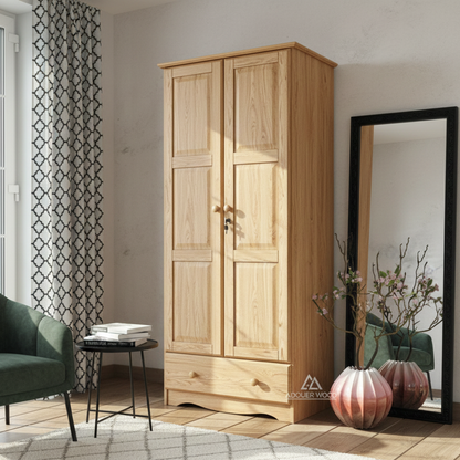 ADOUER WOOD Solid Wood Wardrobe Cabinet | Lockable 2-Door Almirah with Integrated Drawer