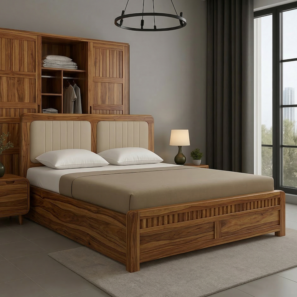 Wooden bed with beige bedding in a bedroom setting