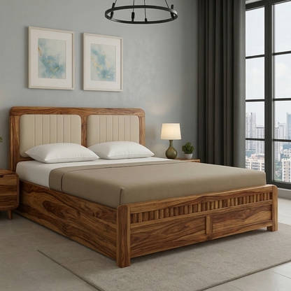 Wooden bed with beige bedding in a modern bedroom setting.