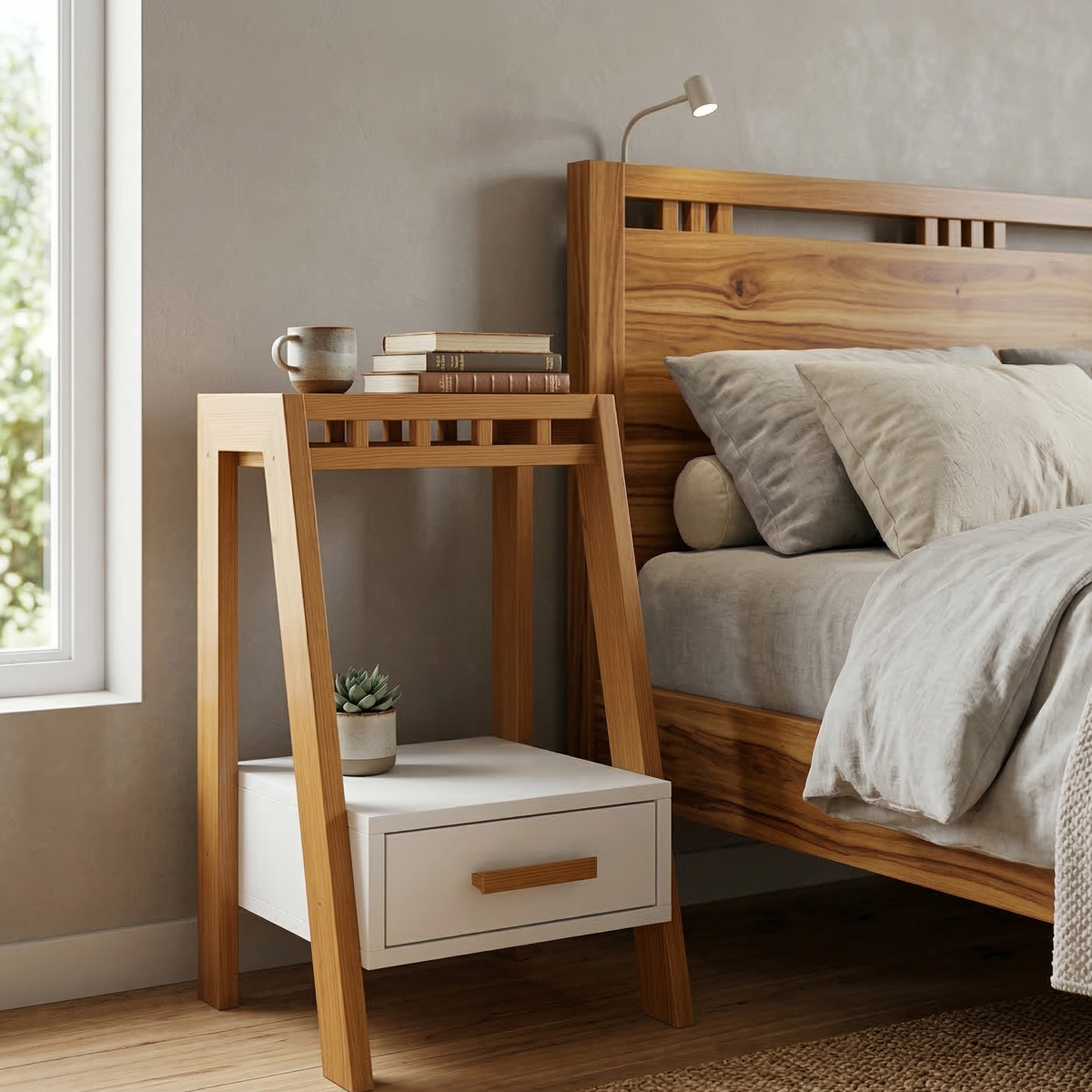 Wooden bed and nightstand in a bedroom setting with a lamp and books.