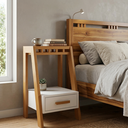 Wooden bed and nightstand in a bedroom setting with a lamp and books.