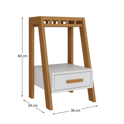 Wooden side table with dimensions on a white background