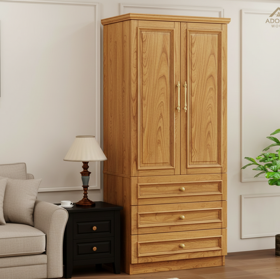 ADOUER WOOD Solid Wood 2-Door Wardrobe – Elegant with 3 Deep Storage Drawers – Traditional Bedroom Almirah with Gold-Tone Hardware