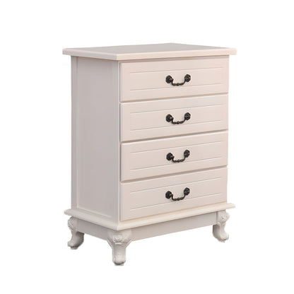 ADOUER WOOD Elegant White Four-Drawer Chest of Drawers with Ornate Handles and Carved Legs