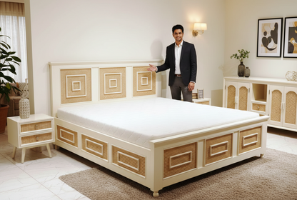 The Heritage Geometric Solid Sheesham Wood  Bed with Rattan Cane Inlay with Integrated Box Storage
