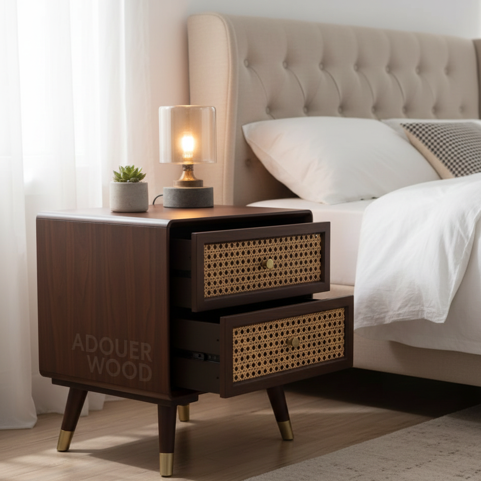 Solid Wood Bedside Table with 2 Rattan Drawers Mid Century Night Stand for Living Room, Bedroom