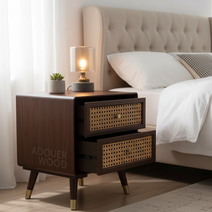 Solid Wood Bedside Table with 2 Rattan Drawers Mid Century Night Stand for Living Room, Bedroom