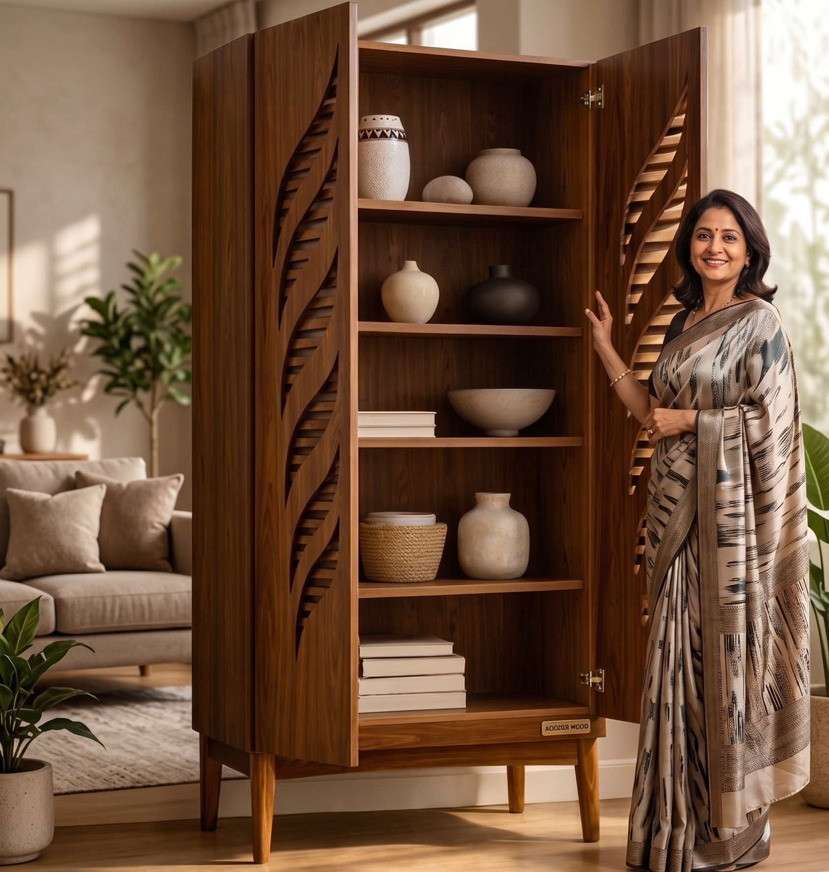 A woman in a patterned saree stands beside an open wooden cabinet with carved leaf-like side panels and five shelves displaying vases, bowls, and books, set in a bright, modern living room.
