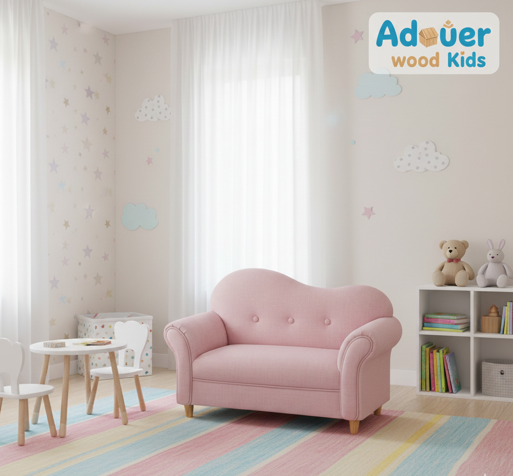 ADOUER WOOD KIDS Linen Wave-Back Mini Loveseat – Elegant Upholstered Children’s Sofa with Button Tufting