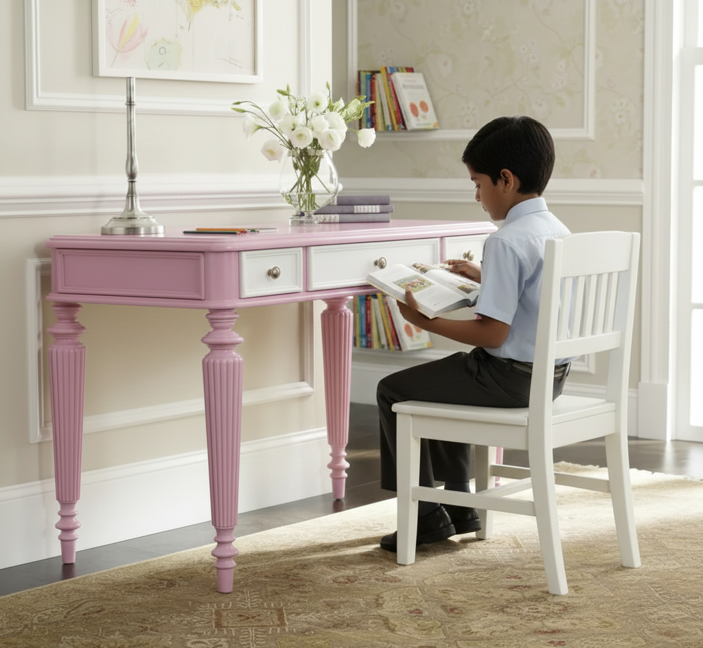 Adouer Wood "PU Finish Solid Wood Writing Desk – 42'' Classic Carved Desk with Fluted Legs and Rich White / Pink / Black