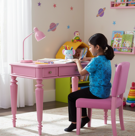 KIDS "PU Finish Solid Wood Writing Desk – 36'' Classic Carved Desk with Fluted Legs and Rich White / Pink - Kids Furniture