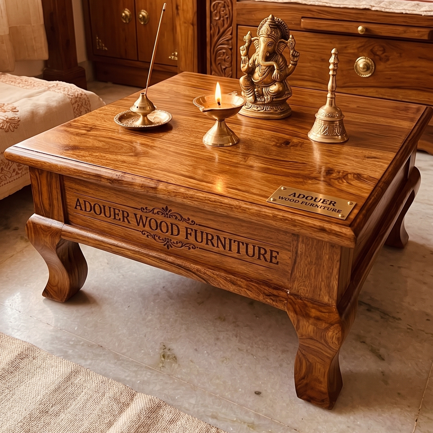 A square wooden coffee table made of rich reddish-brown Adouer wood, featuring carved details and the brand name 'ADOUER WOOD FURNITURE' on the front. The table is styled with brass incense holder, a lit candle, a Ganesha statue, and a brass bell in a warm, traditional room setting.