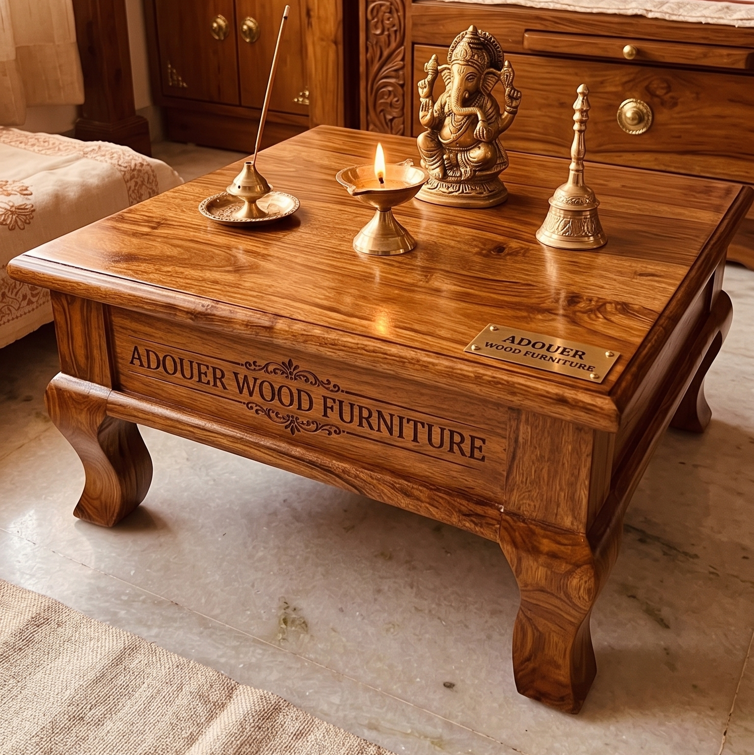 A square wooden coffee table made of rich reddish-brown Adouer wood, featuring carved details and the brand name 'ADOUER WOOD FURNITURE' on the front. The table is styled with brass incense holder, a lit candle, a Ganesha statue, and a brass bell in a warm, traditional room setting.
