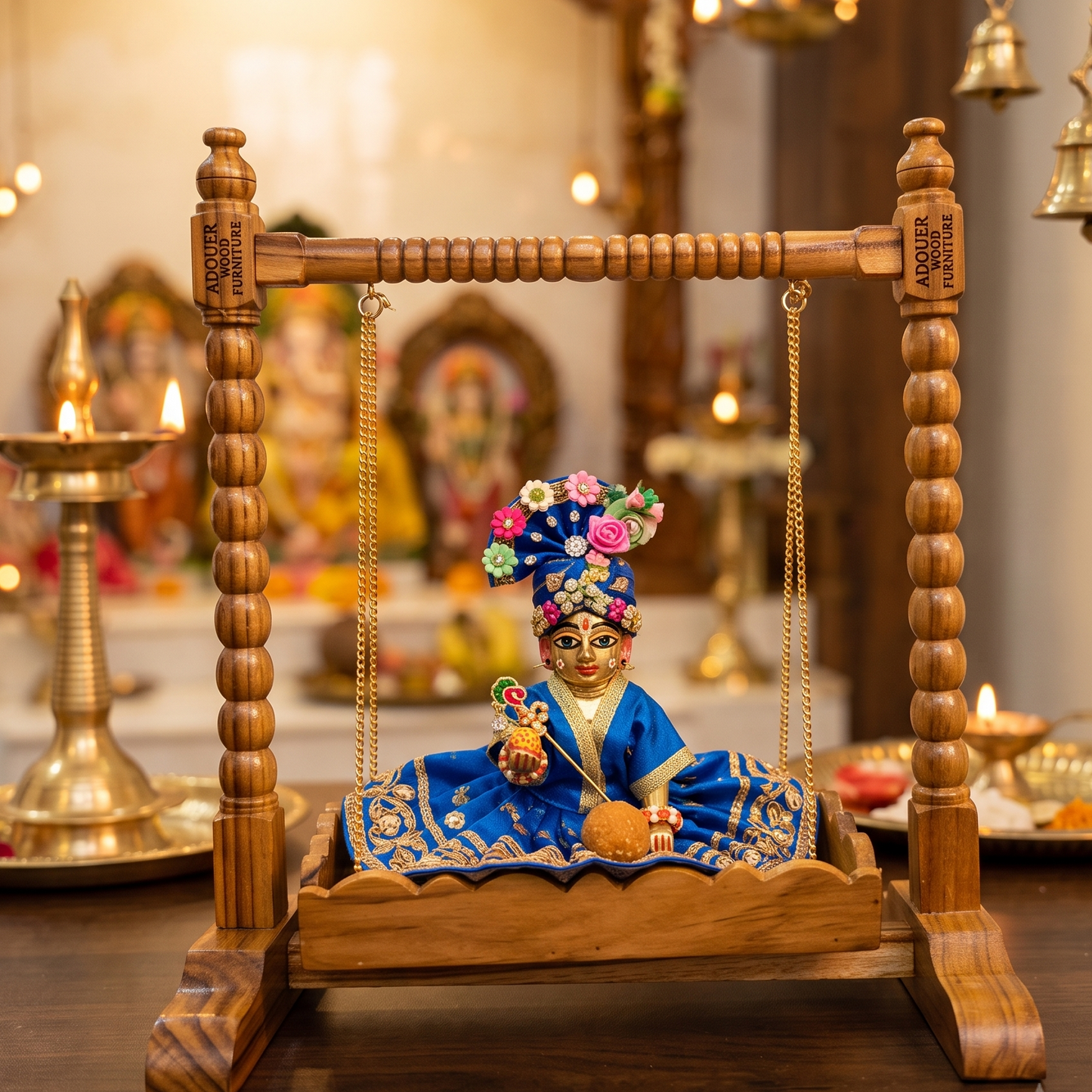 Adouer wood Handcrafted Wooden Jhula Swing for Laddu Gopal & Pooja Altar Decor