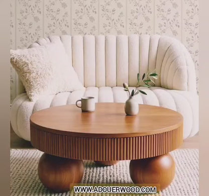 ADOUER WOOD Handcrafted Ribbed Solid Wood Round Coffee Table – Modern Sculptural Center Table with Sphere Legs
