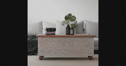 ADOUER WOOD Hand-Carved Solid Wood Storage Accent Trunk with  Floral Mandalas