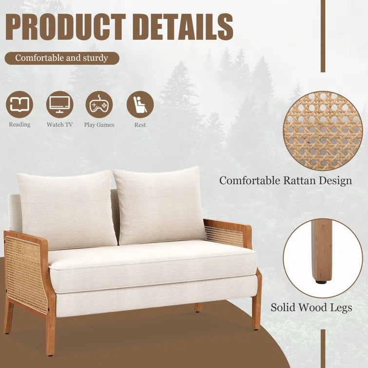 ADOUER WOOD Upholstered 2 Seater Loveseat Premium Cane Sofa