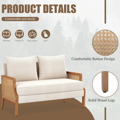 ADOUER WOOD Upholstered 2 Seater Loveseat Premium Cane Sofa
