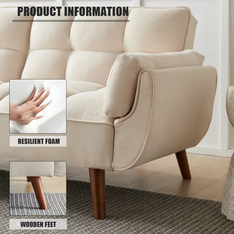 ADOUER WOOD Modern Beige Tufted 3-Seater Sofa with Wooden Legs