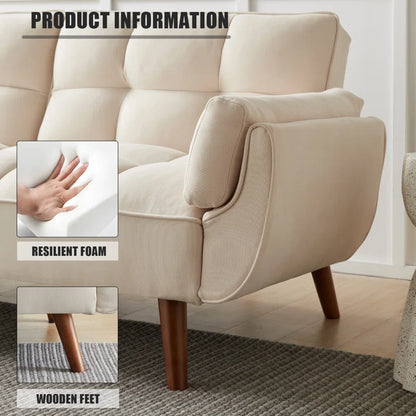 ADOUER WOOD Modern Beige Tufted 3-Seater Sofa with Wooden Legs