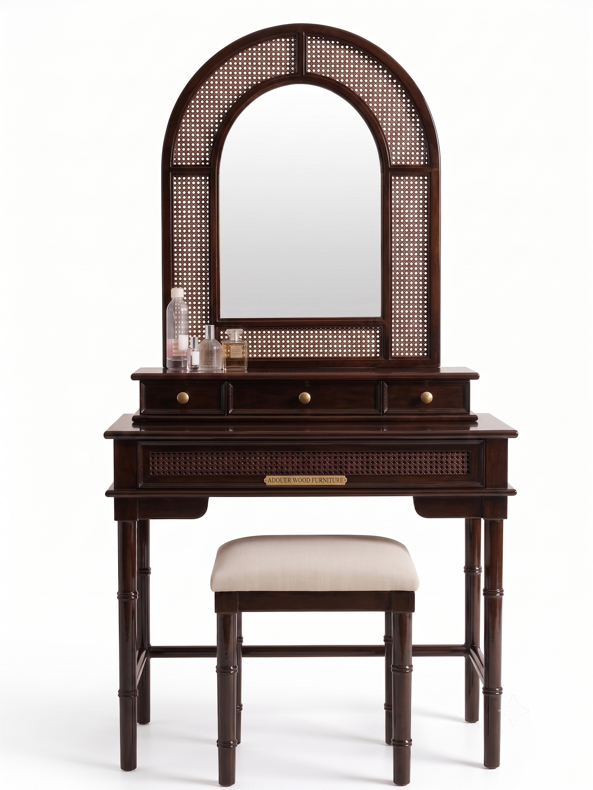 Solid Sheesham Wood Dressing Table with Arched Rattan Mirror & Cushioned Stool