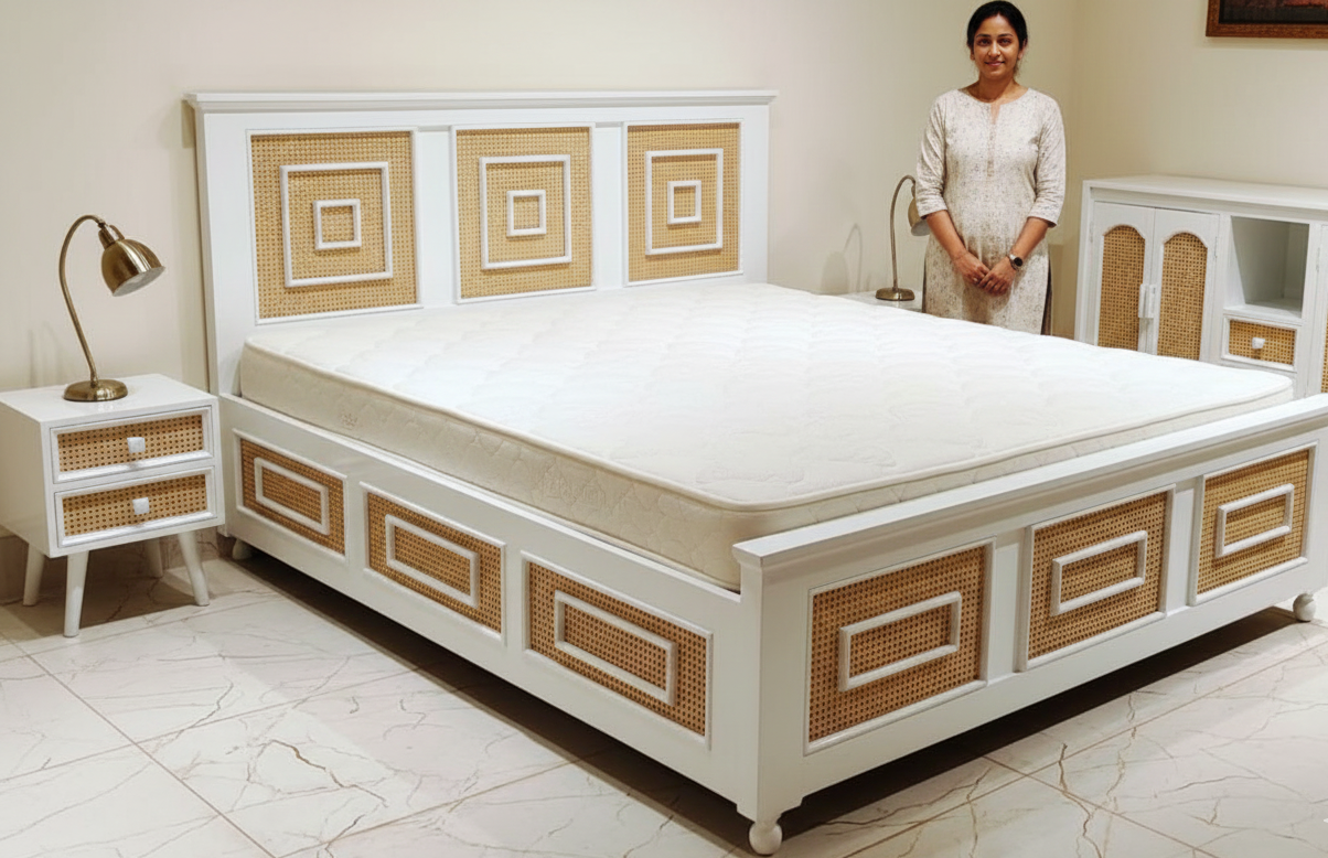 The Heritage Geometric Solid Sheesham Wood  Bed with Rattan Cane Inlay with Integrated Box Storage
