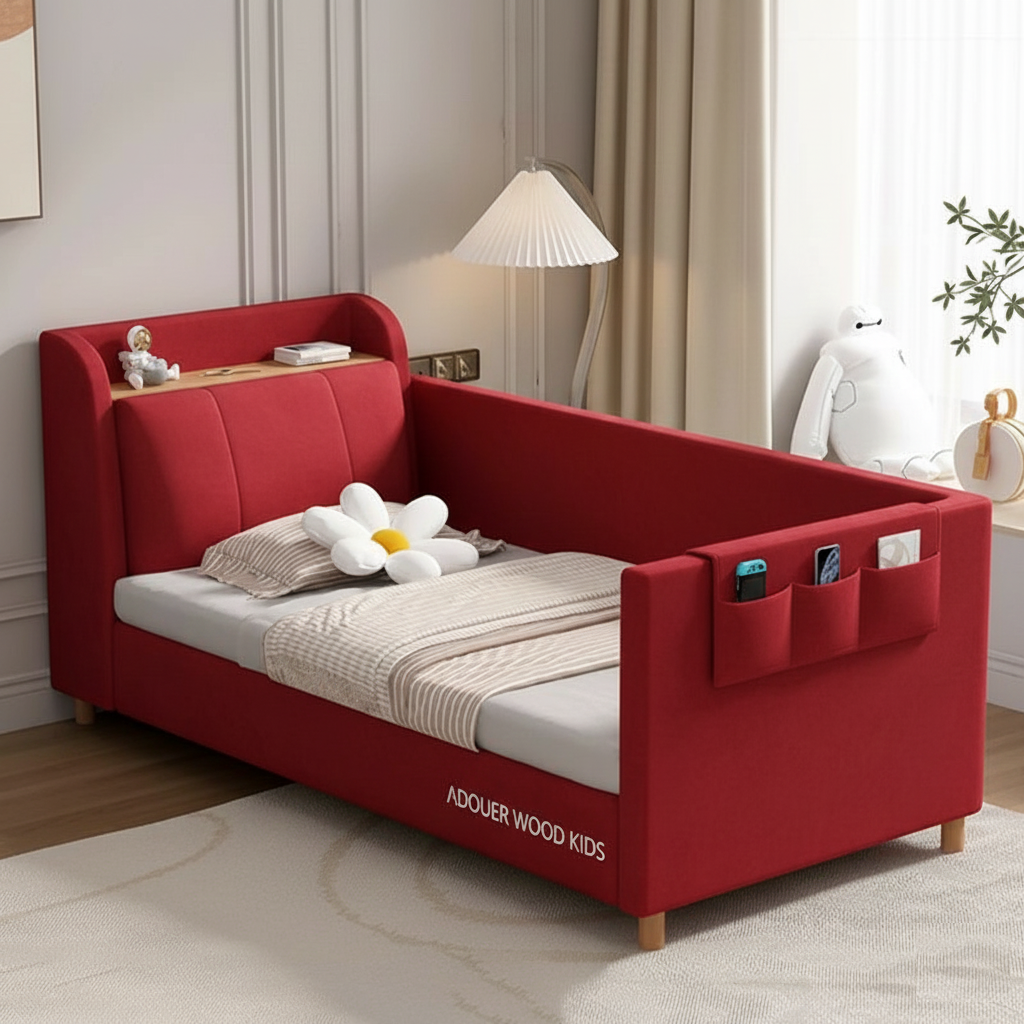 ADOUER WOOD KIDS Upholstered Baby Cot – Modern Padded Toddler Bed with Built-in Headboard Bookshelf and Side Storage Pockets