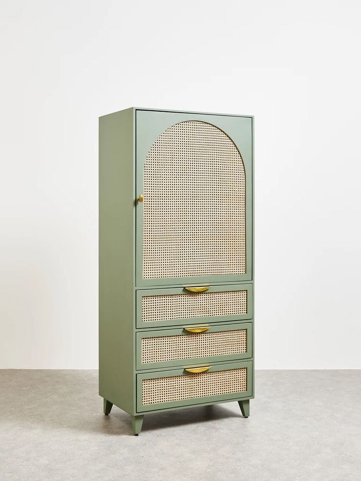 ADOUER WOOD  Solid Wood Sage Arched Wardrobe – Mid-Century Modern Armoire with Rattan Cane Inlay