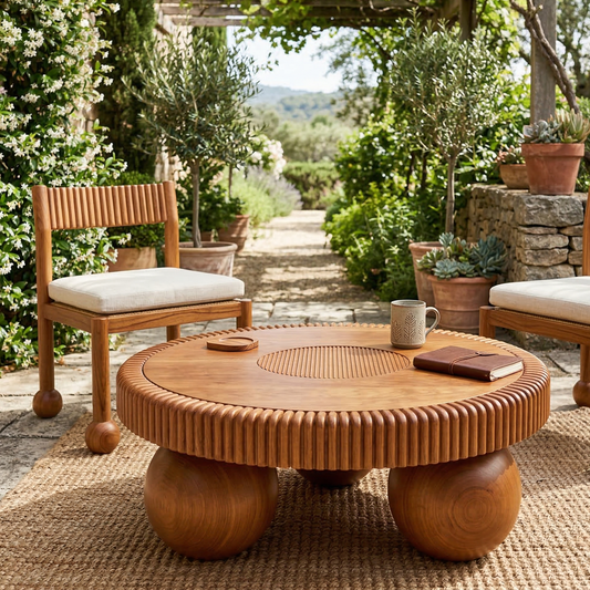 Wooden outdoor table with chairs and a mug on a patio with greenery
