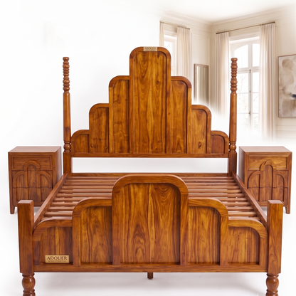 ADOUER WOOOD Solid Wood Art Deco Four-Poster Bed Frame – Mid-Century Modern Arch Panel