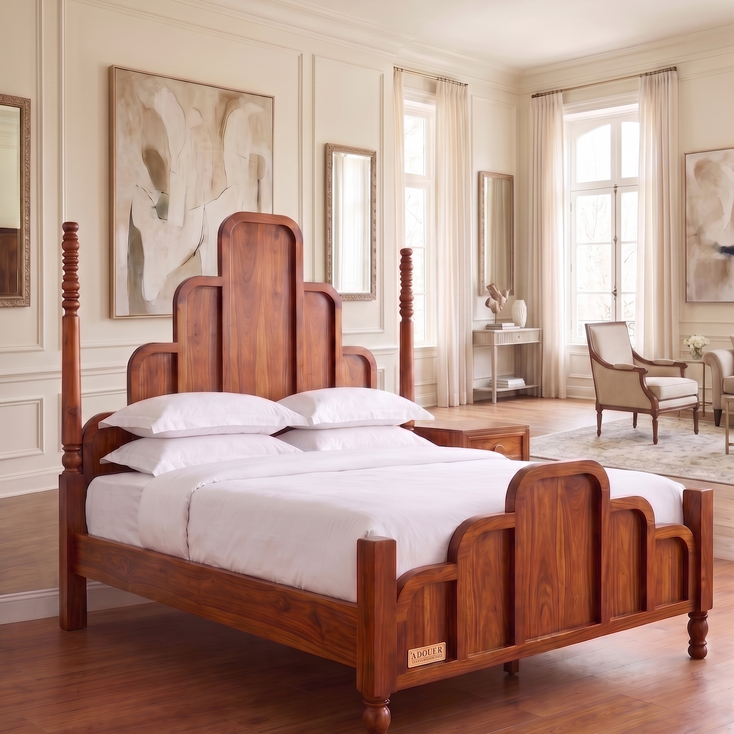 ADOUER WOOOD Solid Wood Art Deco Four-Poster Bed Frame – Mid-Century Modern Arch Panel