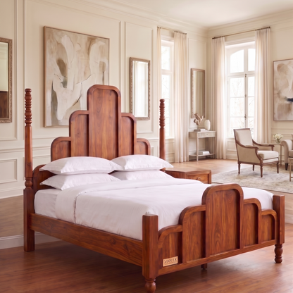 ADOUER WOOOD Solid Wood Art Deco Four-Poster Bed Frame – Mid-Century Modern Arch Panel