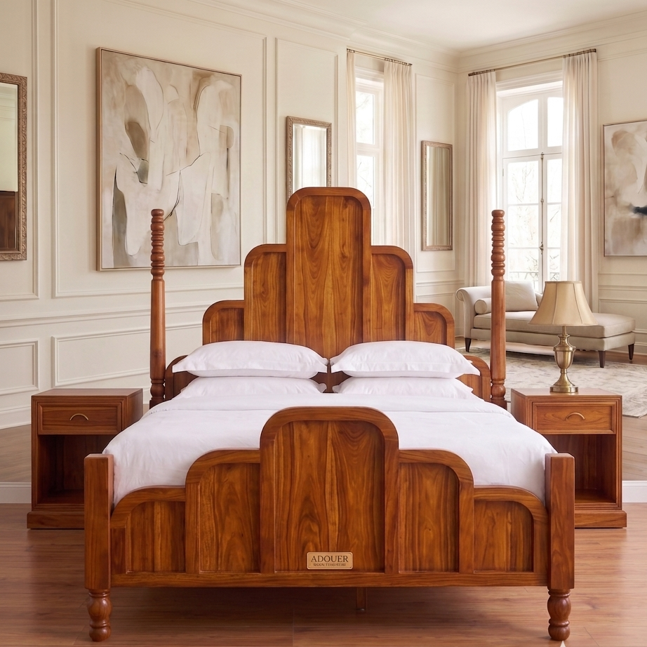 ADOUER WOOOD Solid Wood Art Deco Four-Poster Bed Frame – Mid-Century Modern Arch Panel