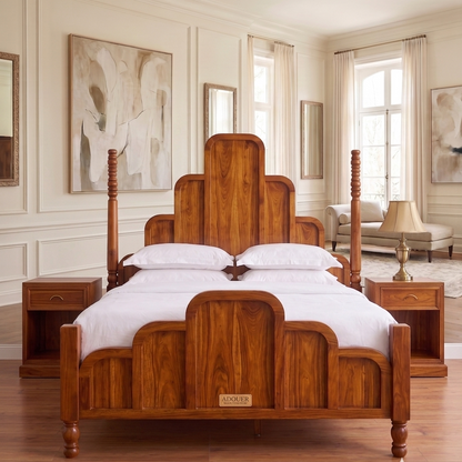 ADOUER WOOOD Solid Wood Art Deco Four-Poster Bed Frame – Mid-Century Modern Arch Panel